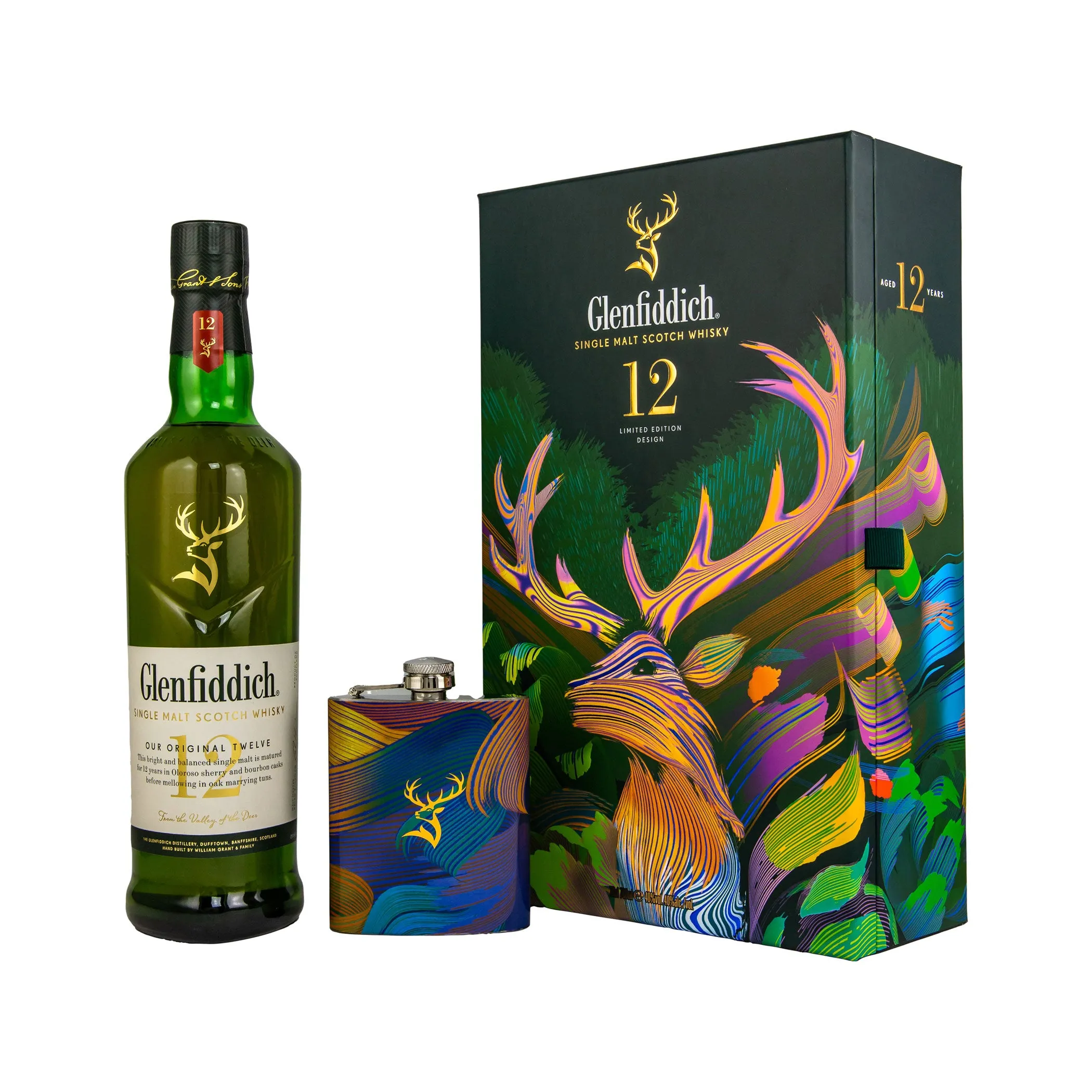 Glenfiddich 12 Jahre - Limited Design + Flachmann - Speyside Single Malt Scotch Whisky