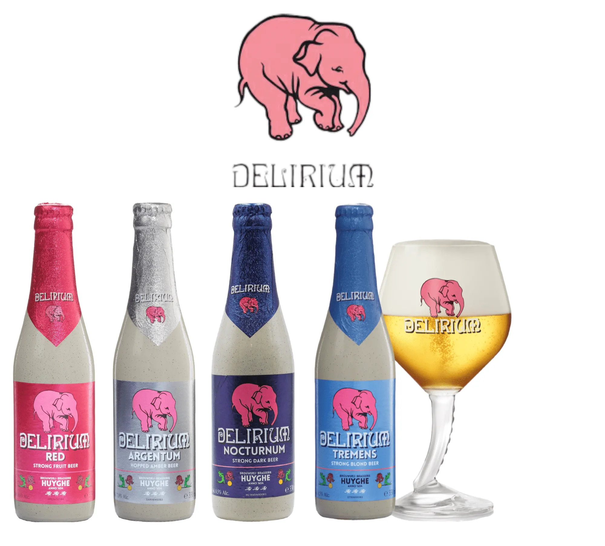 Delirium Stark- und Fruchtbier im Mix + Original Glas - Je 1 x Red - Argentum- Nocturnum- Tremens 0,3l -