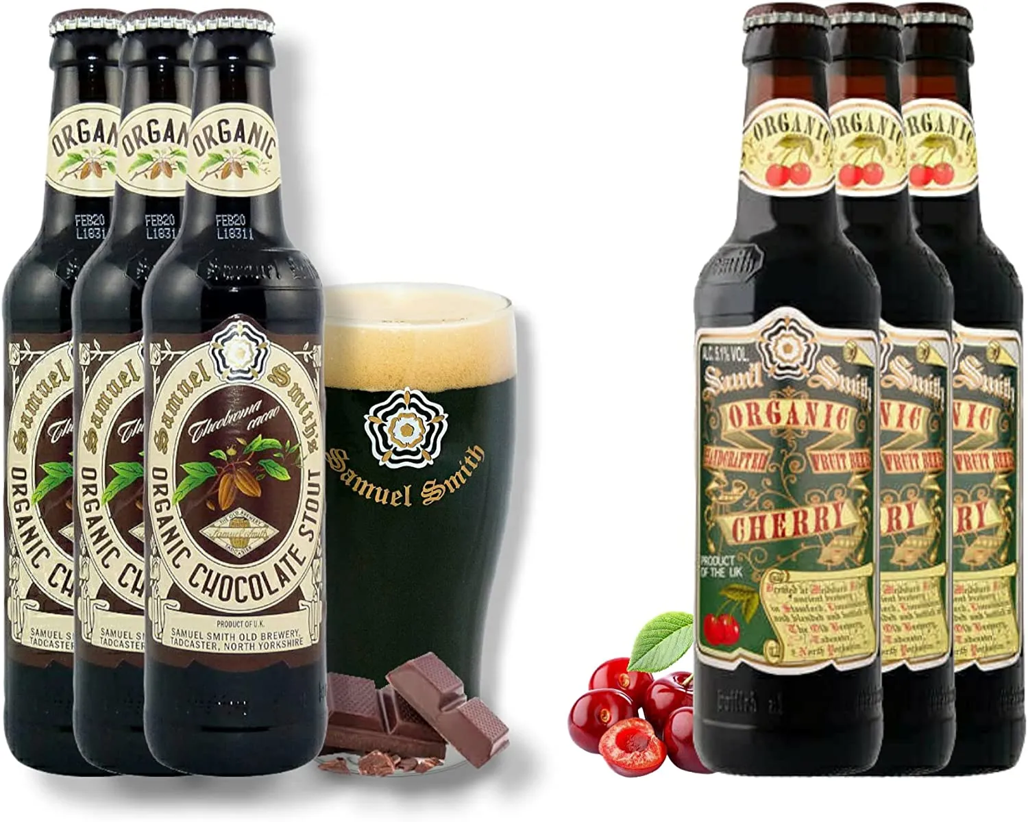 Samuel Smith Mix Schokolade trifft Kirsche - 3 x Samuel Smith Organic Chocolat Stout Bier + 3 x Samuel Smith Organic Cherry- Bio Bier aus Großbritannien