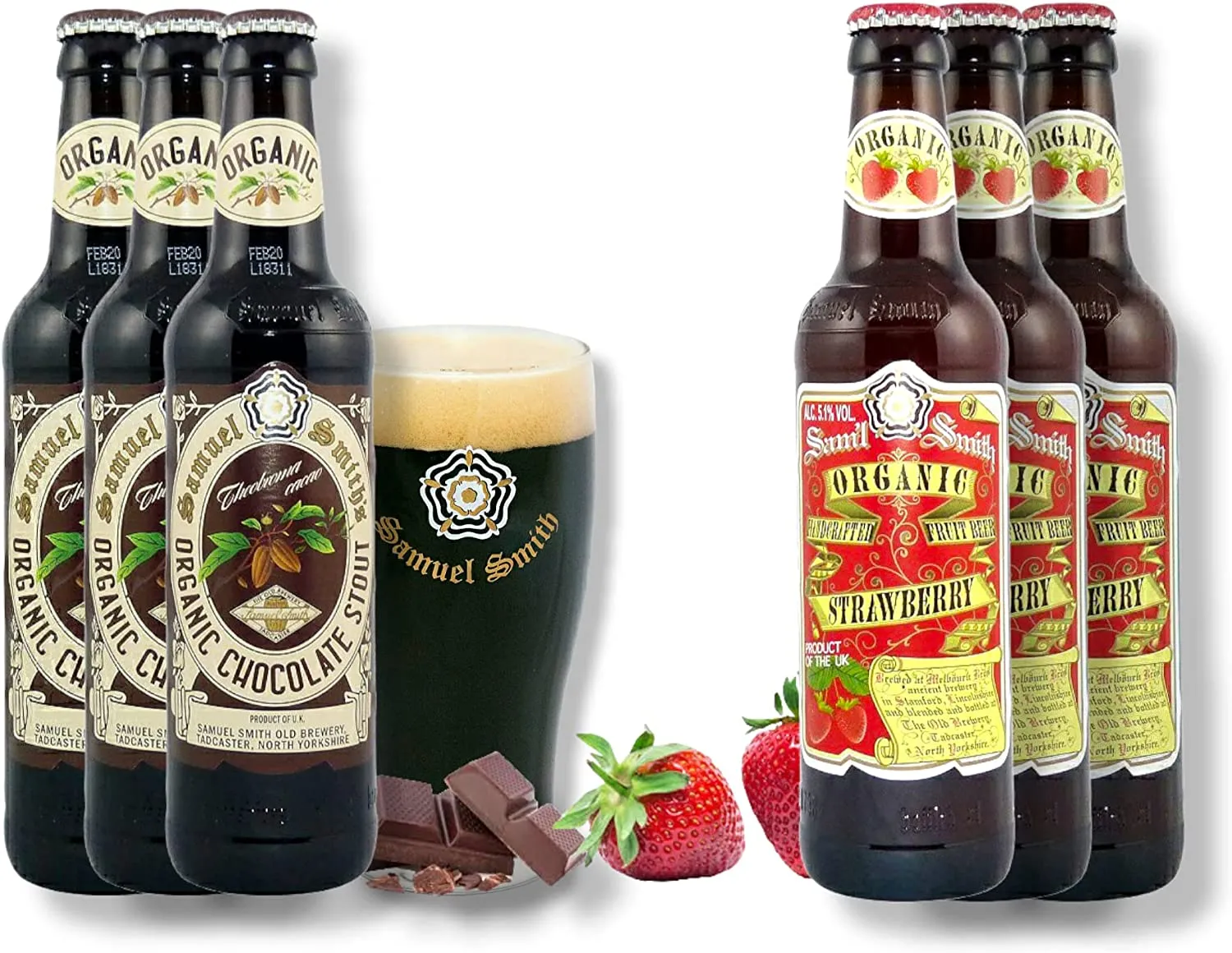 Samuel Smith Mix Schokolade trifft Erdbeere - 3 x Samuel Smith Organic Chocolat Stout Bier + 3 x Samuel Smith Organic Strawberry- Bio Bier aus Großbritannien