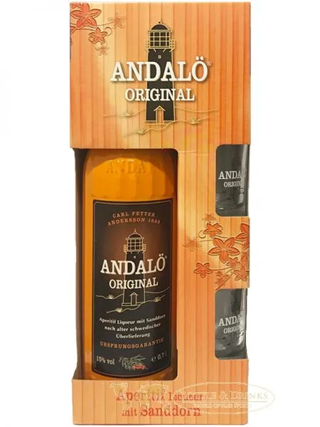 ANDALÖ Original feiner Likör mit Sanddorn 0,7 Liter in GP mit 2 Gläsern