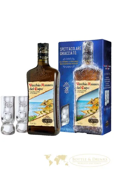 Caffo Vecchio Amaro del Capo Kräuterlikör 0,7 Liter + 2 Gläser in Geschenkverpackung