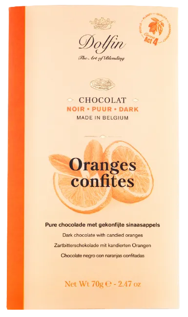 Dolfin Zartbitterschokolade mit kandierten Orangen