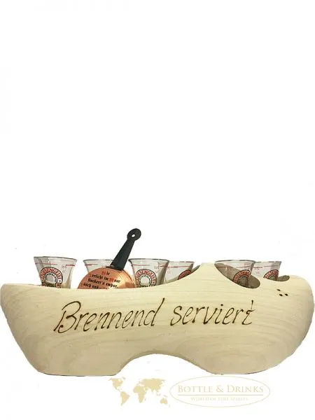 Friesengeist 6er Servierholzschuh mit 6 Gläsern und Pfännchen ca.35cm lang
