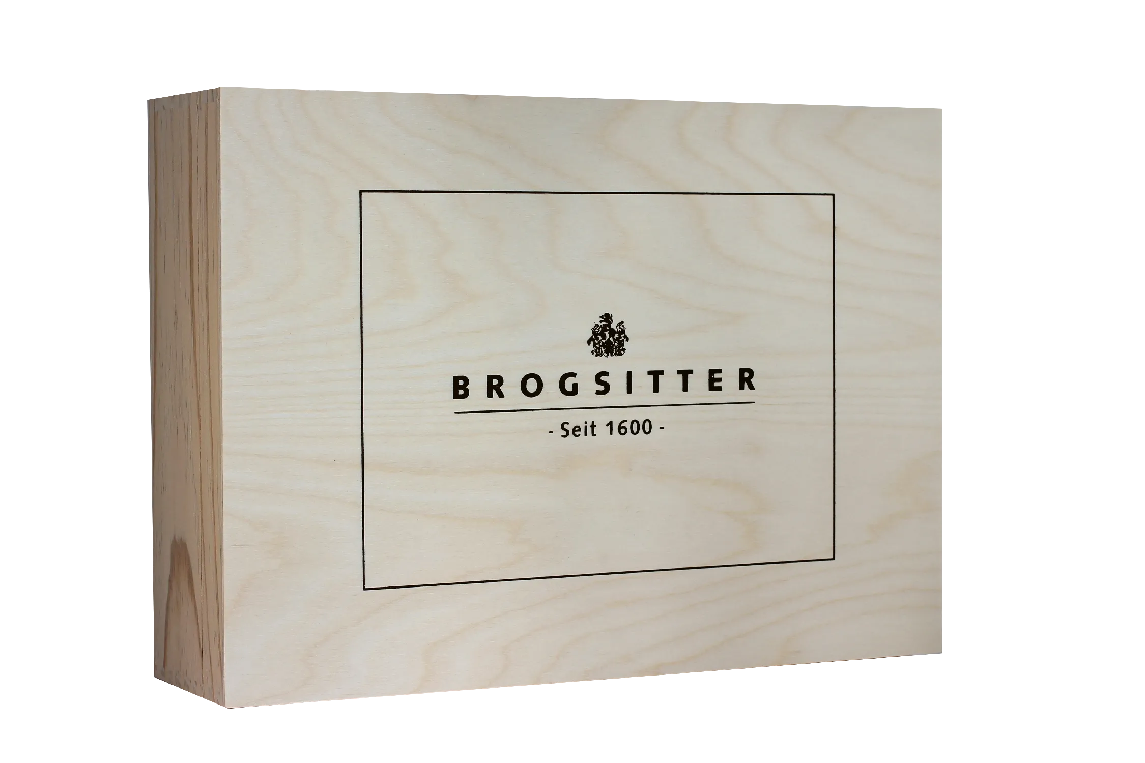 Holzschatulle für drei Flaschen mit Brogsitterlogo
