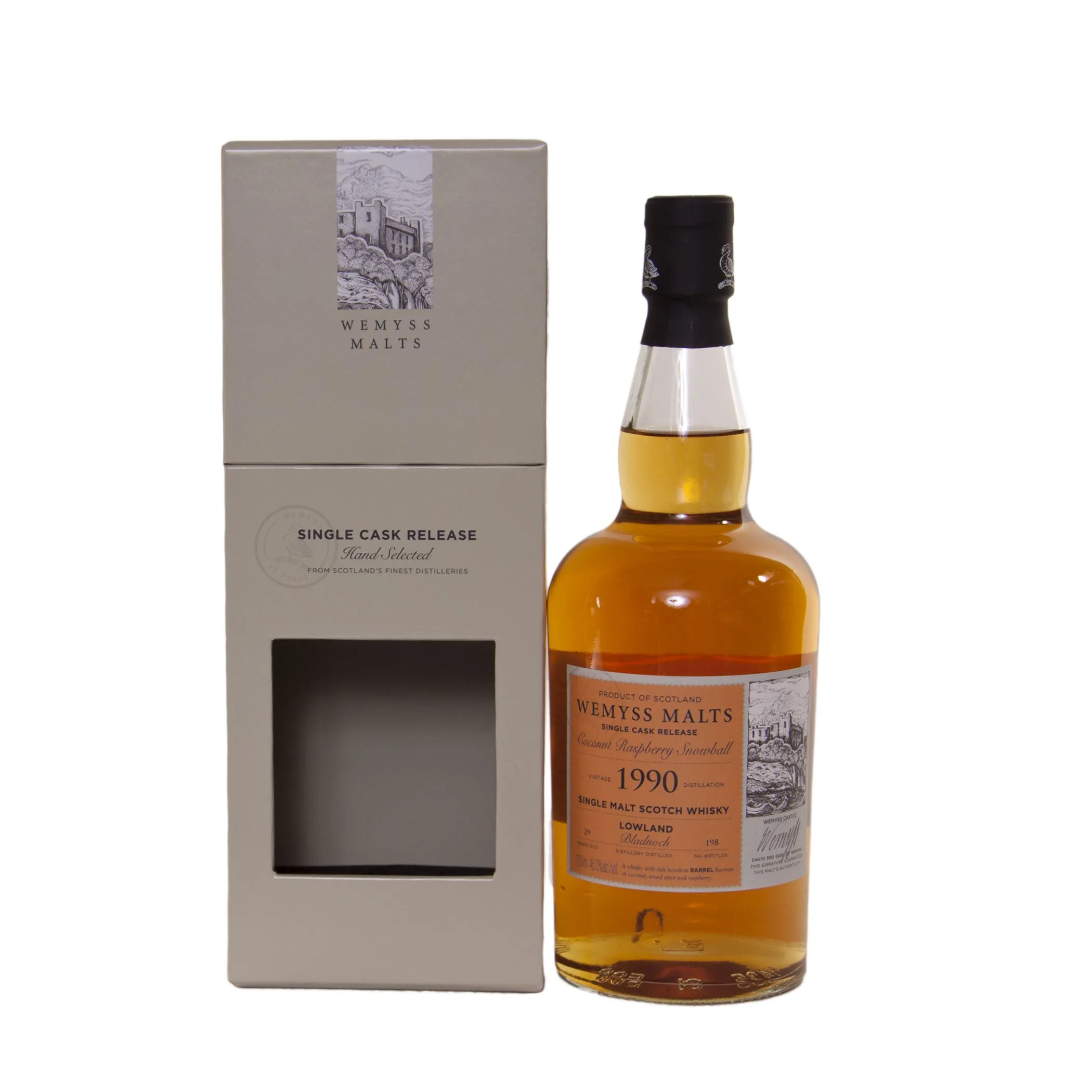 Wemyss, Bladnoch "Coconut Raspberry Snowball", 1990, 29 Jahre, 46 %