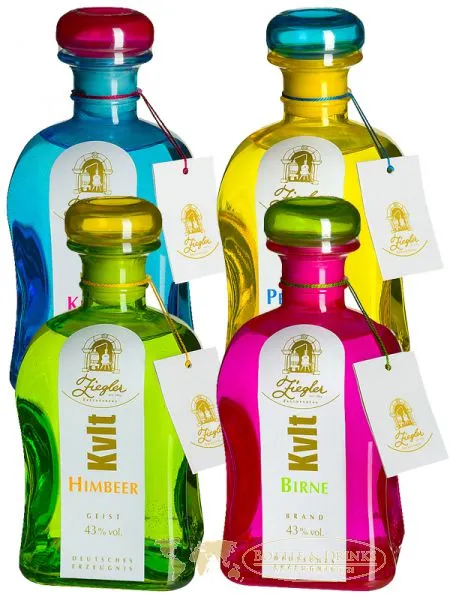 Ziegler KVLT Die Bunten im Set Kirsch, Williamsbirnen, Pflaumenbrand und Himbeergeist je 0,05 Liter