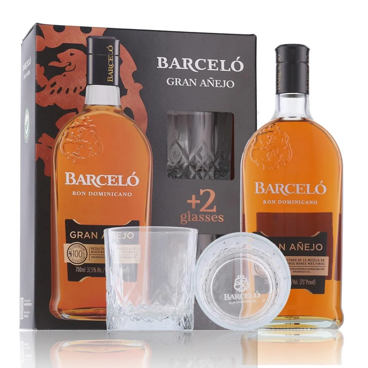 Barceló Gran Añejo Rum 37,5% Vol. 0,7l in Geschenkbox mit 2 Gläsern