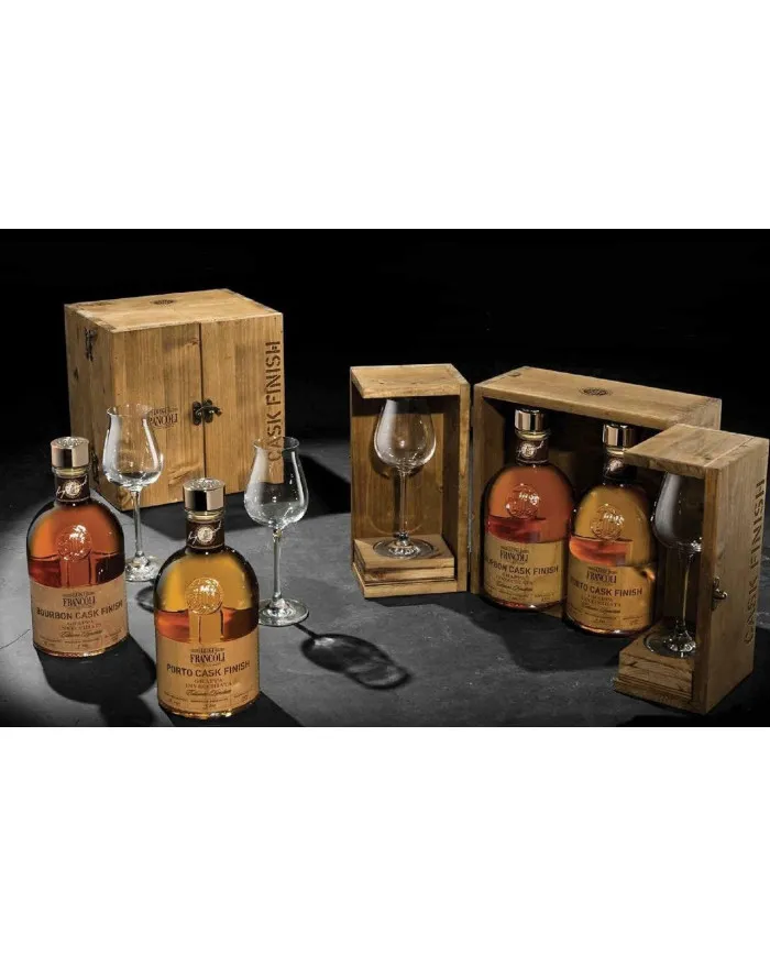 Cask Finish Grappa Bourbon Cask, Grappa Porto Cask, con due Bicchieri - Francoli