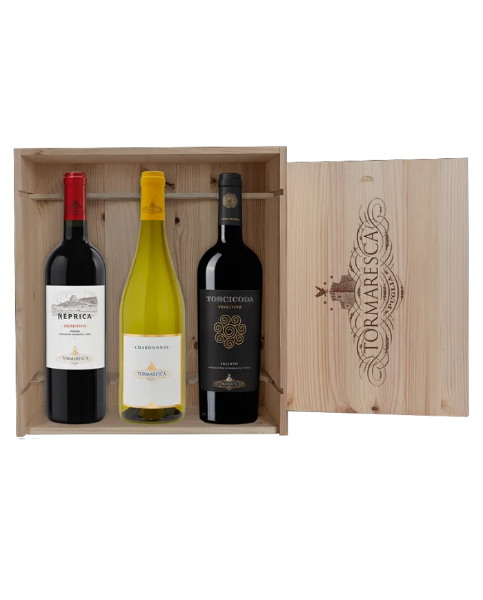 Cassetta in Legno da 3 BT: Nèprica Primitivo, Puglia IGT 2019 Chardonnay, Puglia 2019 Torcicoda, Salento IGT 2018 - Antinori