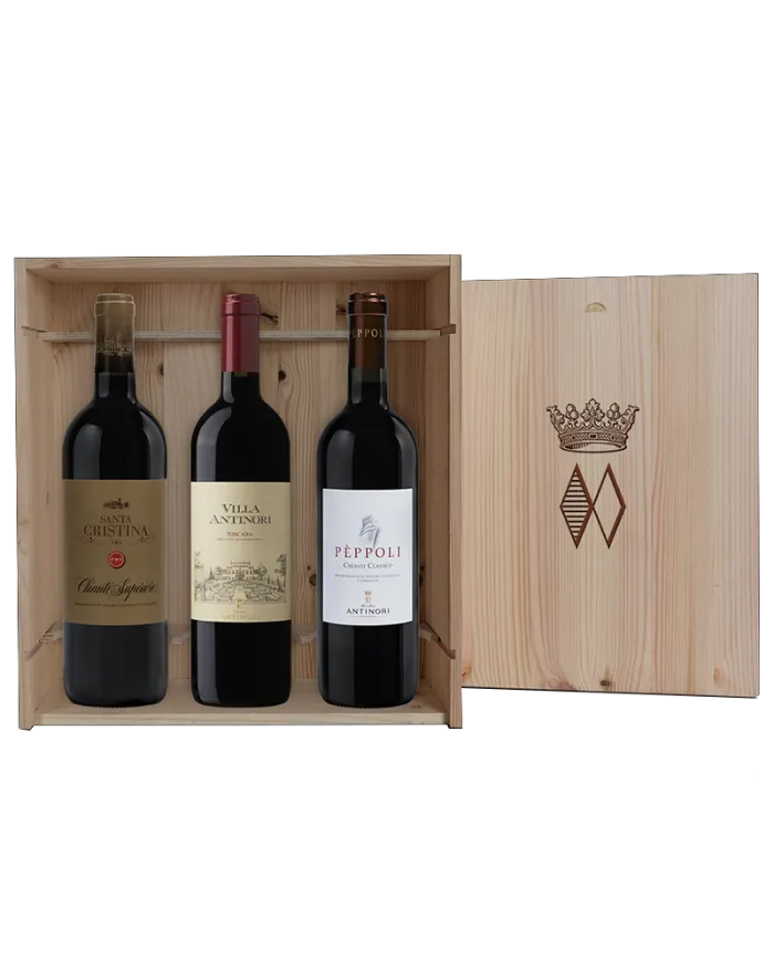 Cassetta da 3 bottiglie : Santa Cristina, Chianti Superiore - Villa Antinori, Toscana - Pèppoli, Chianti Classico - Antinori