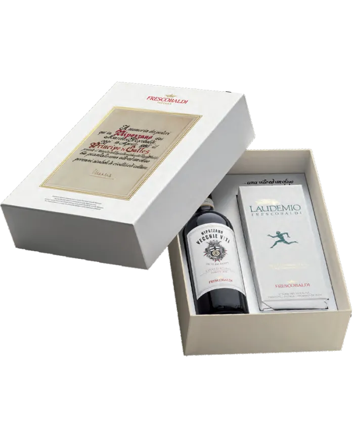 Confezione HERITAGE con NIPOZZANO VECCHIE VITI Chianti Rufina Riserva DOCG e Olio Laudemio 500ml - Frescobaldi