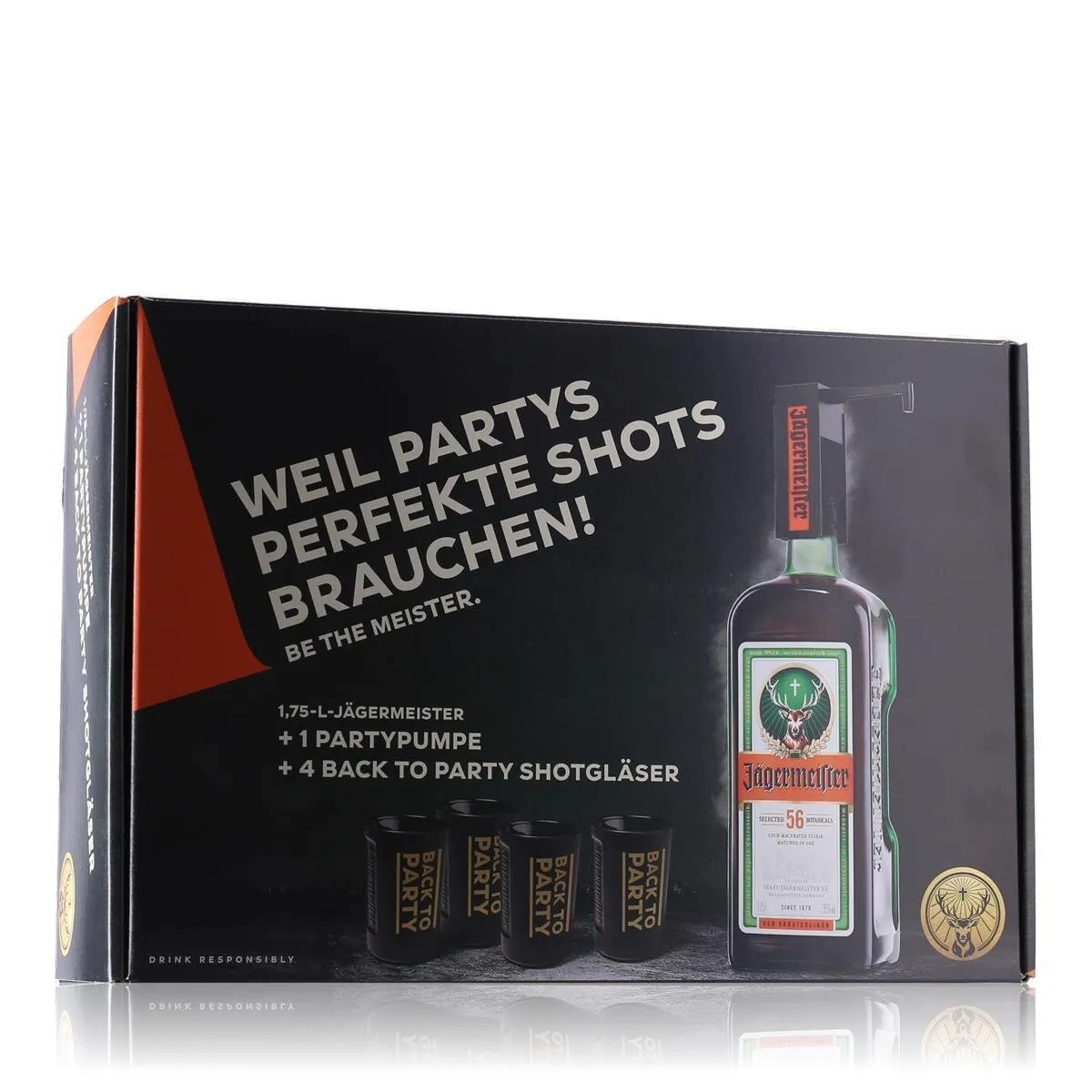 Jägermeister Kräuterlikör 35% Vol. 1,75l in Geschenkbox mit Partypumpe & 4 Shotgläser