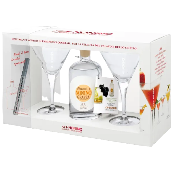 Nonino Confezione 1x Grappa Monovitigno Il Moscato + 2 Cocktailgläser 41,0% Vol., 0,35 LiterNonino