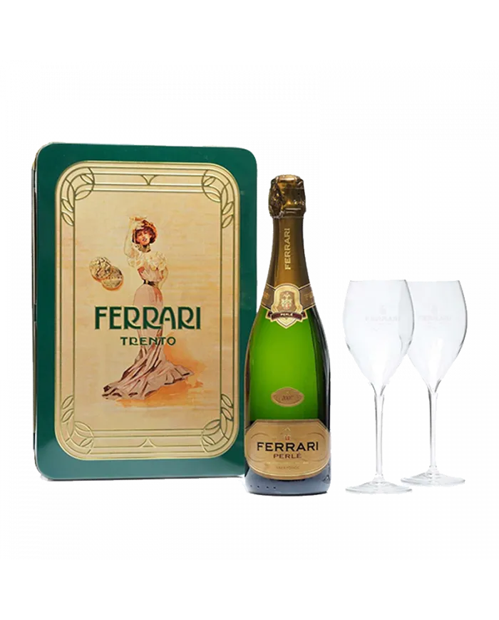 Perlé Ferrari Scatola di Latta Vintage Trento DOC 2017 + 2 flûte