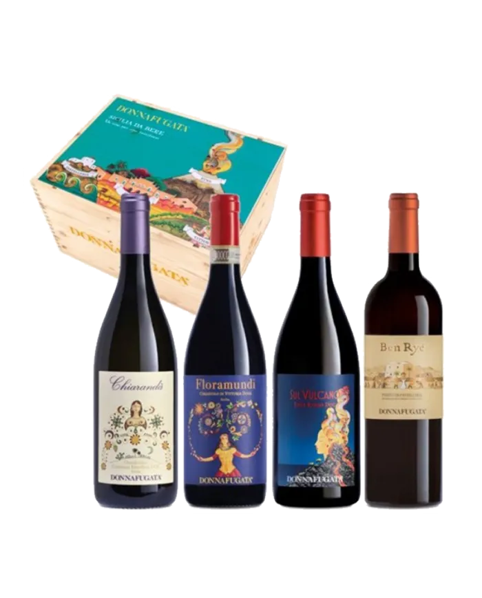 SICILIA DA BERE - Cassetta in legno 4 bottiglie - CHIARANDÀ , FLORAMUNDI , SUL VULCANO , BEN RYÉ Donnafugata